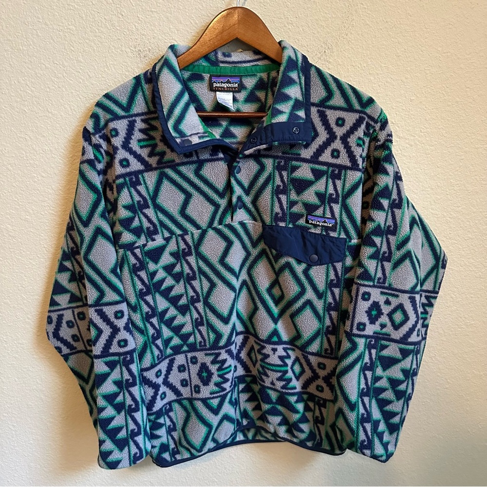 Patagonia Men’s Green and Blue Aztec Snap-T Fleece Pullover